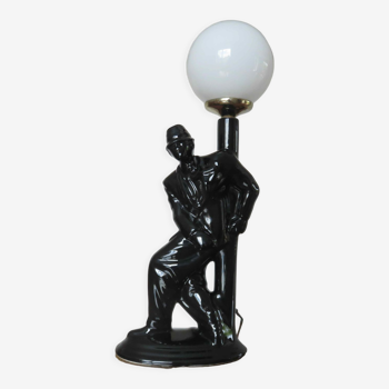 Lamp "man with floor lamp" in black ceramic and white opaline ball 70s 80s