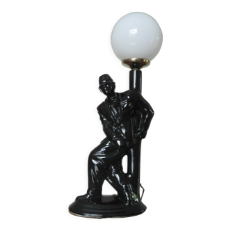 Lamp "man with floor lamp" in black ceramic and white opaline ball 70s 80s