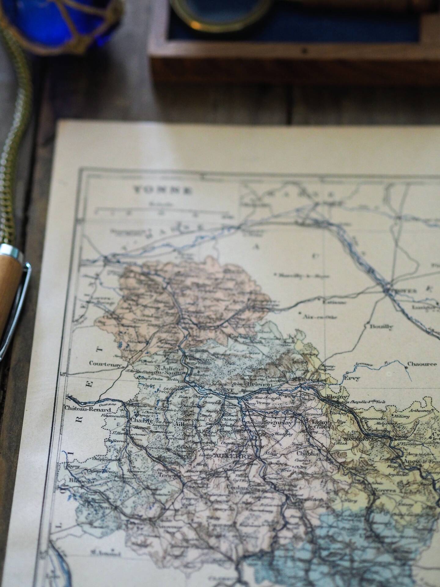 Map of the Yonne, printed in 1889. Authentic Vintage.