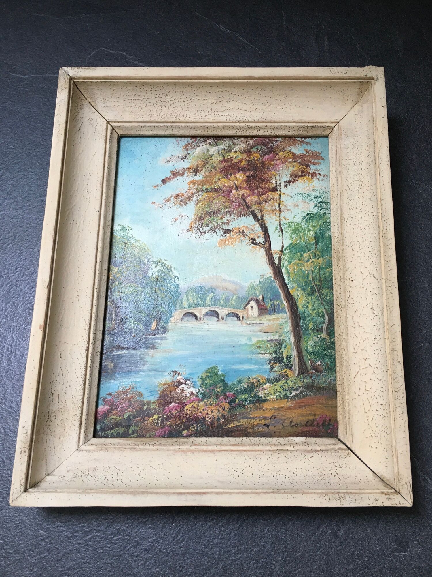 Painting Oil on Wood Bucolic Landscape Signed Louis Andrey