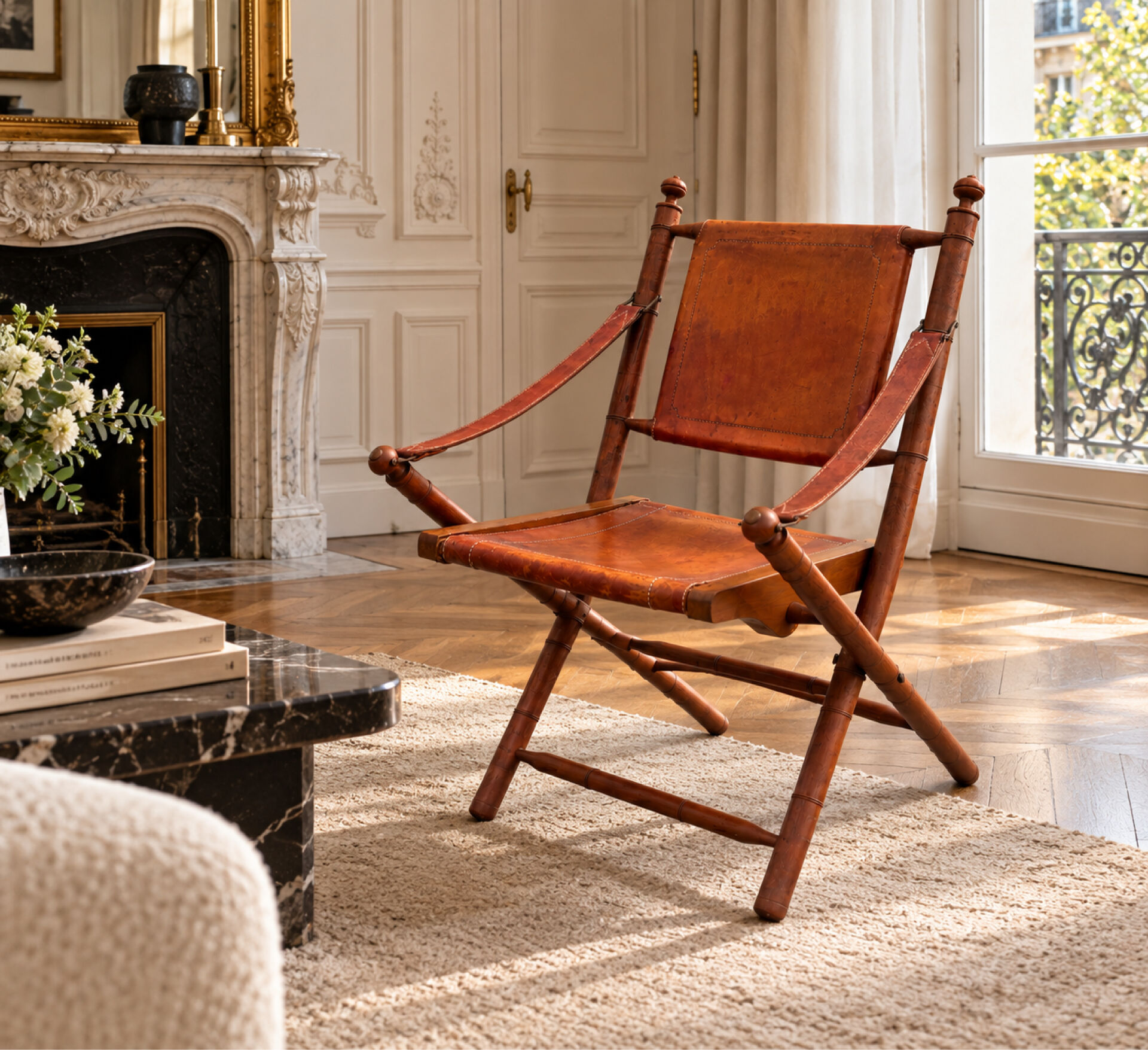 Vintage Safari Armchair in Cognac Leather and Turned Wood – 1940s/50s
