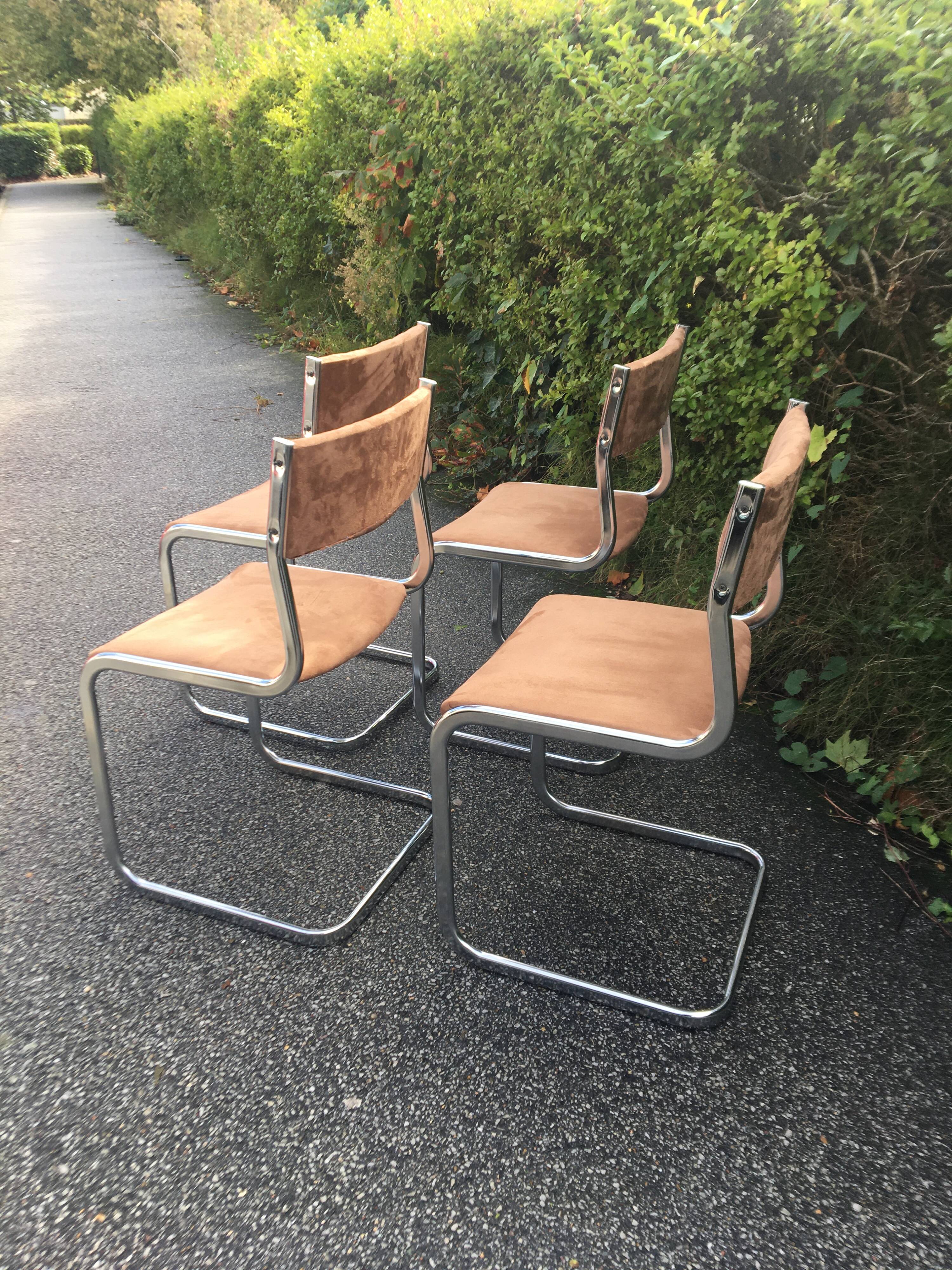 4  chrome steel chairs velvet tobacco 1970