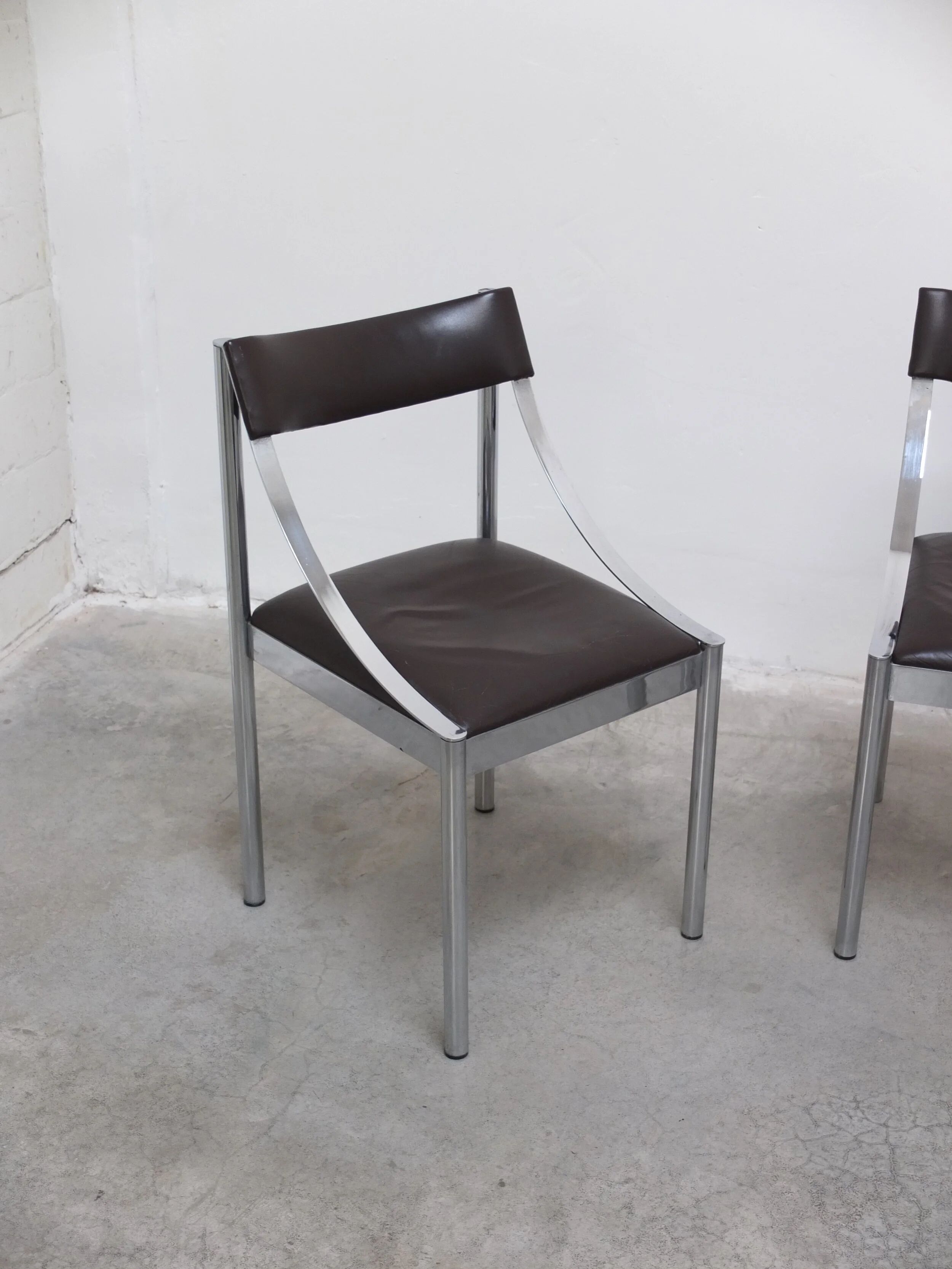 Set of 4 Italian chrome & leather dining chairs, 1970s