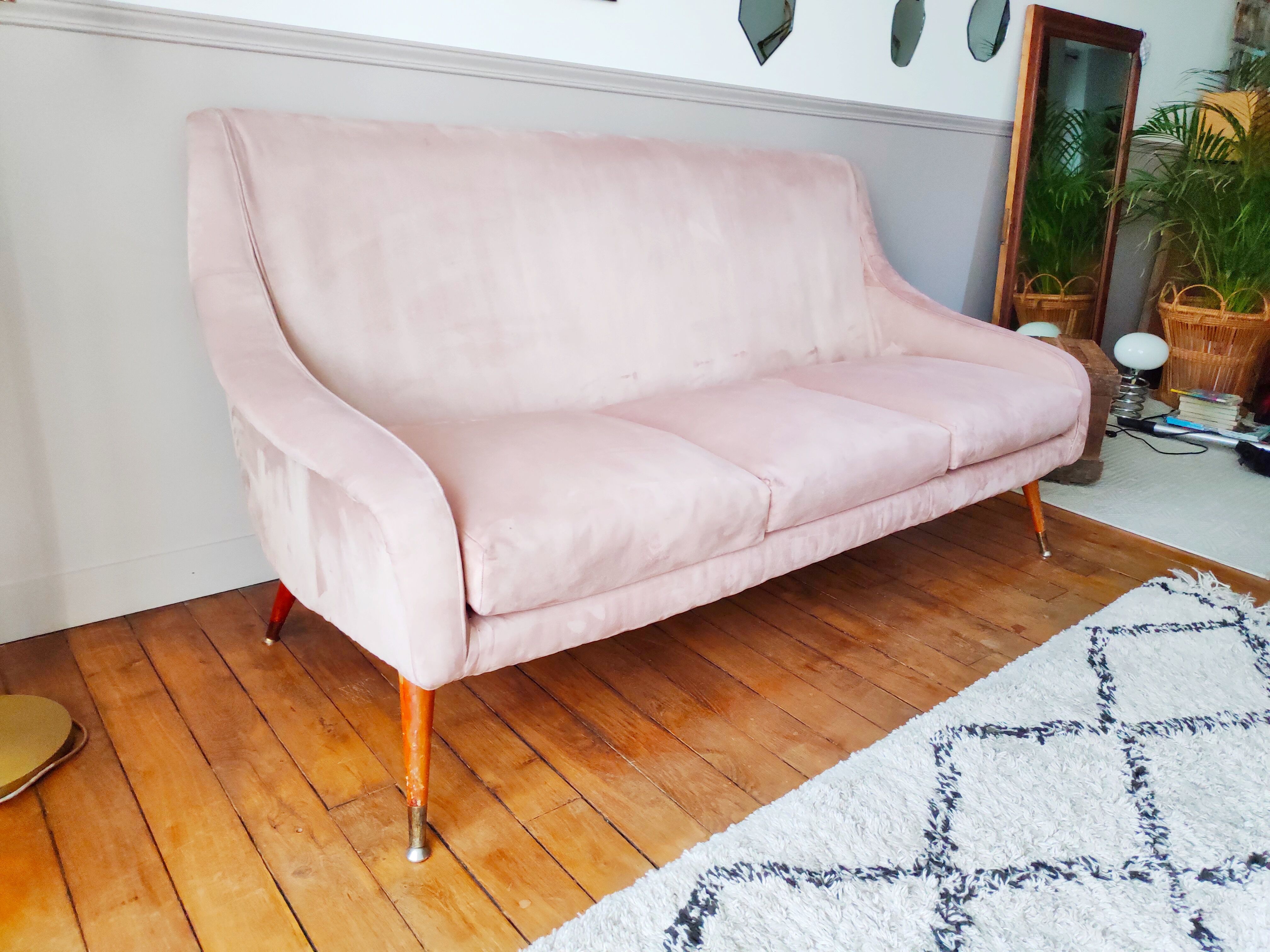 Vintage pink velvet bench sofa, 1960