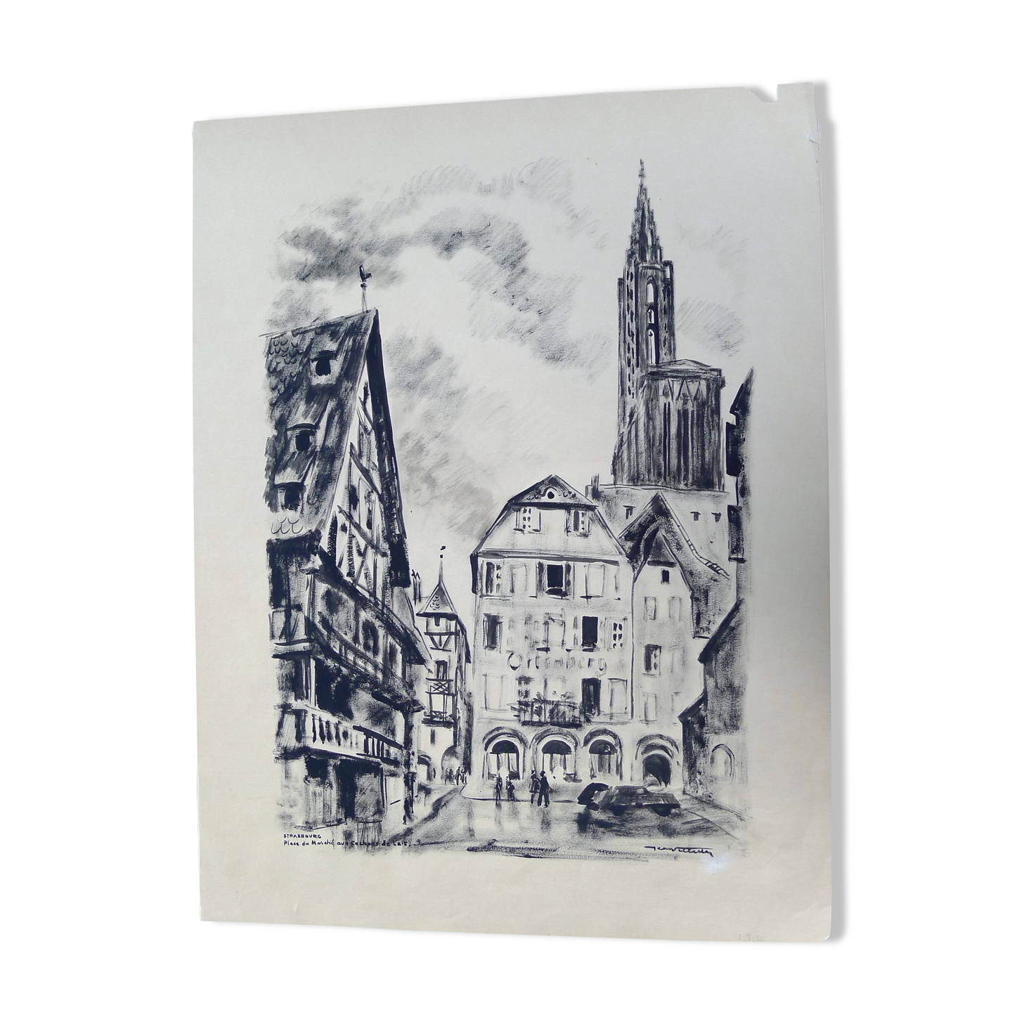 Strasbourg, original Indian ink wash drawing by Jean Villette (1913-2005)