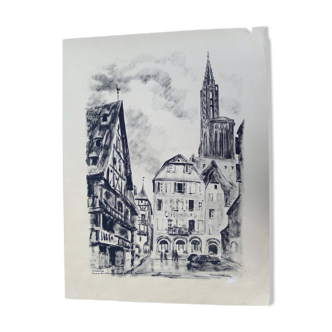 Strasbourg, original Indian ink wash drawing by Jean Villette (1913-2005)