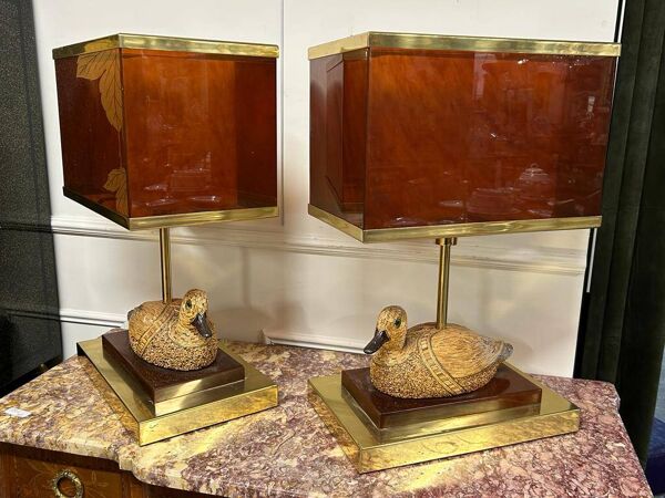 Paire De Lampes Canards En Laiton Et Bakélite Des Années 1970