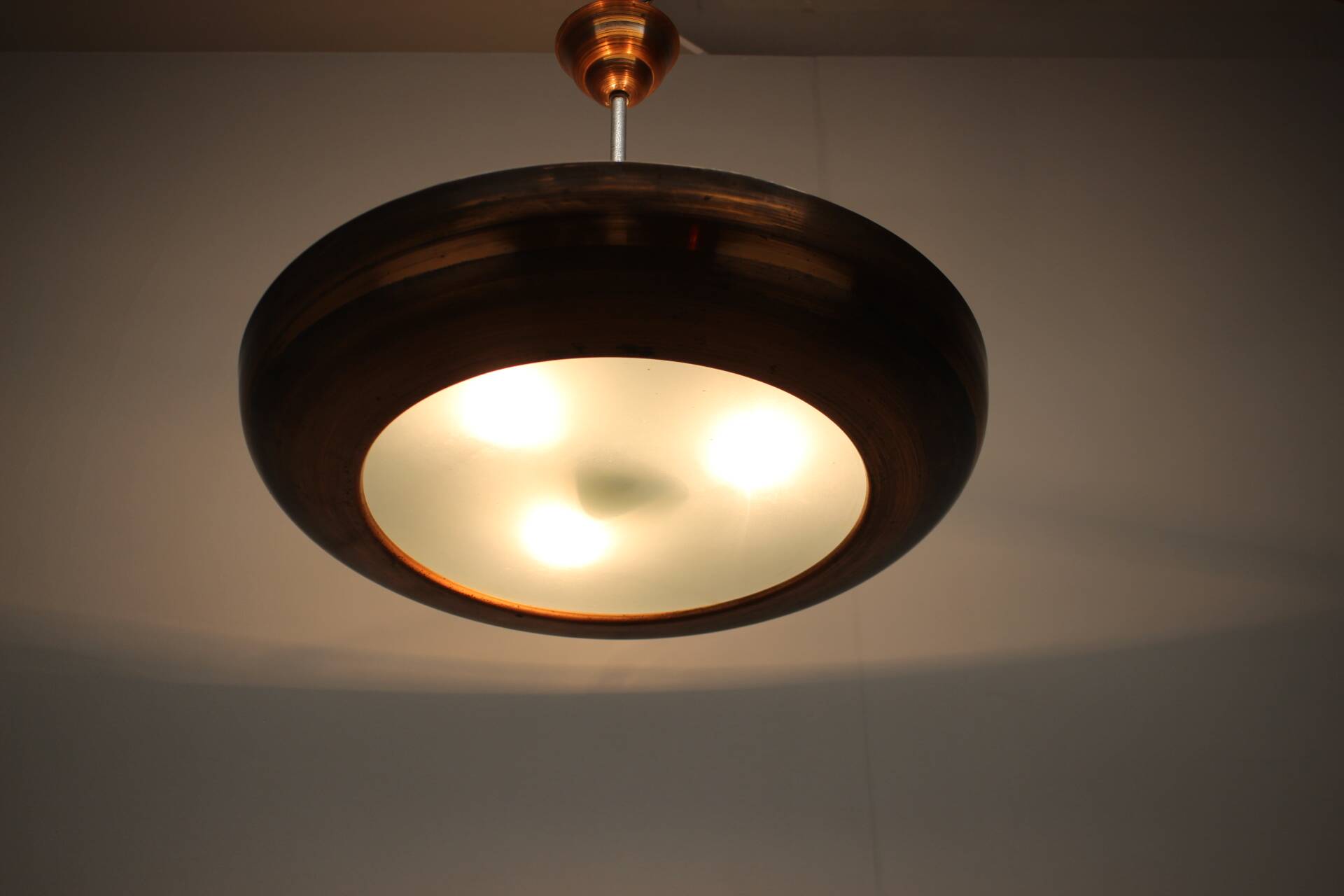 Large Art Deco Copper UFO Hanging Lamp, Czechoslovakia, 1930s