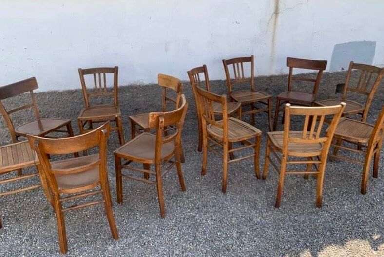 Set of 13 old art deco bistro chairs from the 1930s in light wood