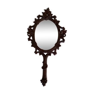 Ancien miroir face à main en bois sculpté glace piqué