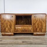 1940s Art Decò dressing table in blond walnut with sliding glass