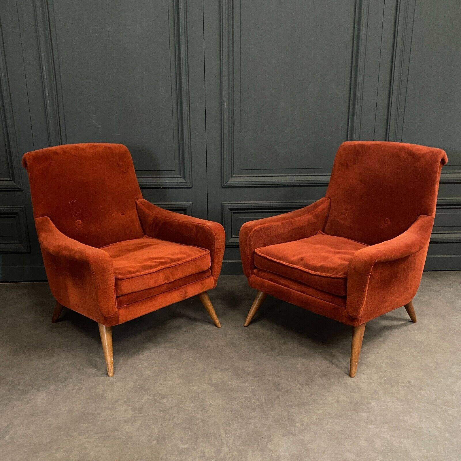 Pair of Scandinavian work armchairs from the 60s in velvet and compass legs