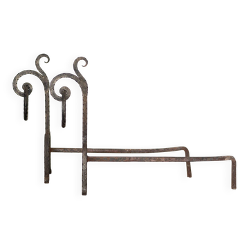 Brutalist wrought iron andirons, Italy, 1970s, set of 2.