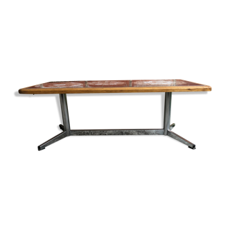 Table basse pieds chromé avec plateau céramique & bois années 70 vintage
