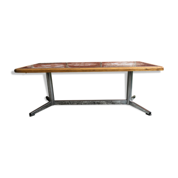 Table basse pieds chromé avec plateau céramique & bois années 70 vintage