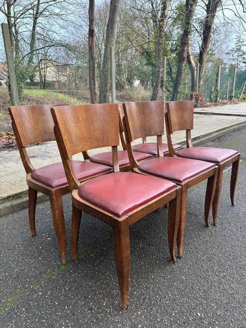 6 Art Deco gondola chairs in solid oak with burgundy leatherette, 1940.