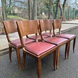 6 Art Deco gondola chairs in solid oak with burgundy leatherette, 1940.