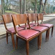 6 Art Deco gondola chairs in solid oak with burgundy leatherette, 1940.