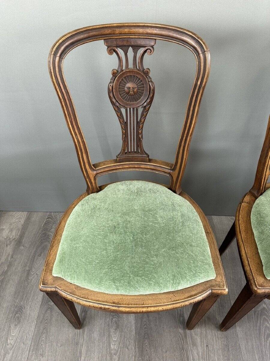 8 Vintage Wooden Chairs With Green Velvet Seat 20th Century