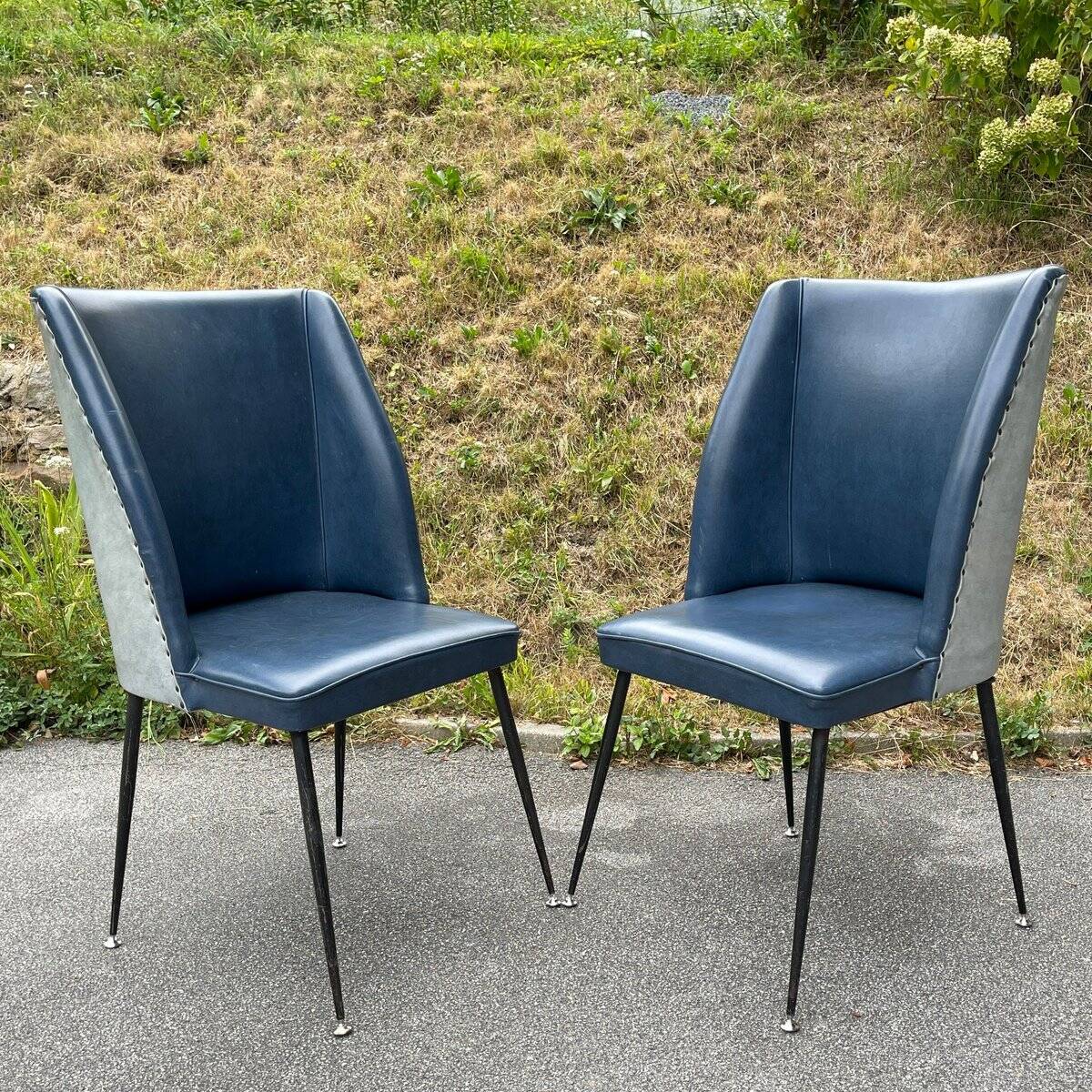 Set of blue dining chairs, Italy, 1950s