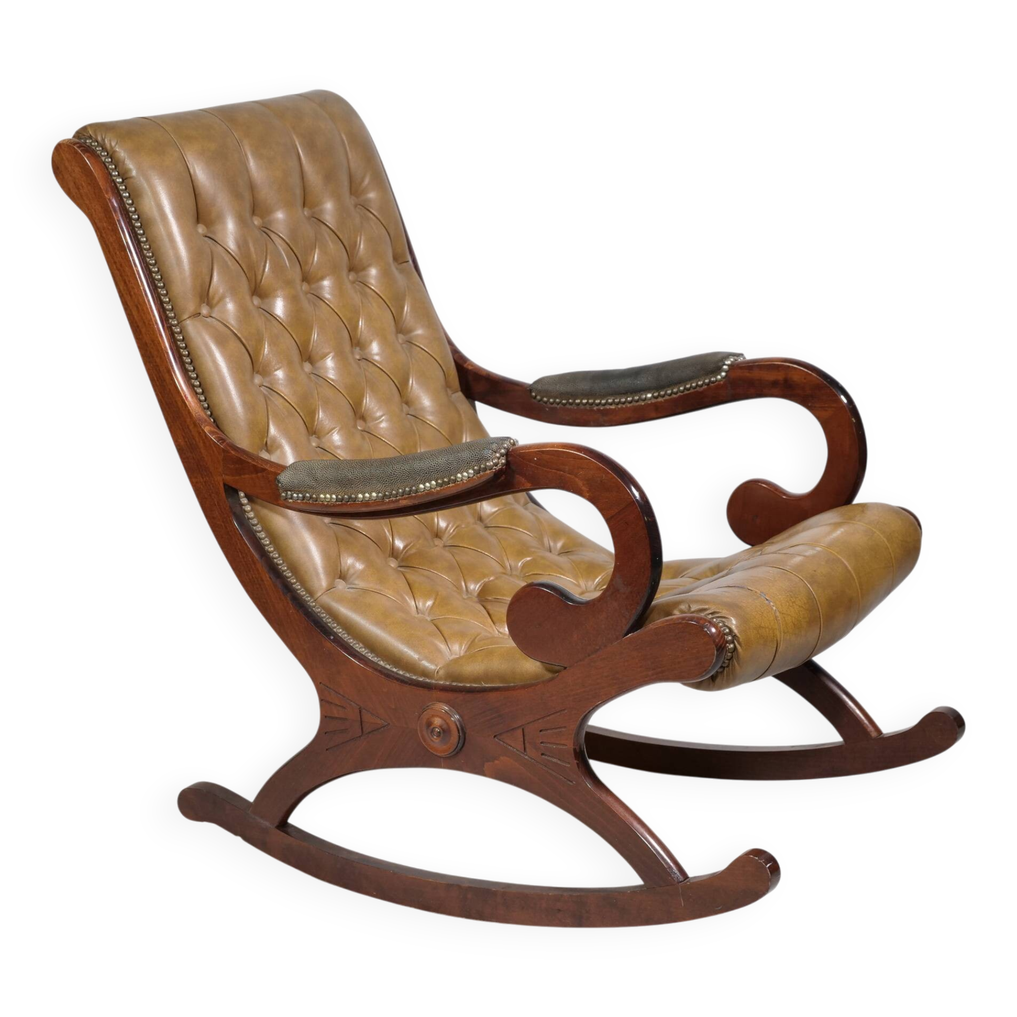 Vintage Chesterfield Design Leather Rocking Chair in Wood, 1920s