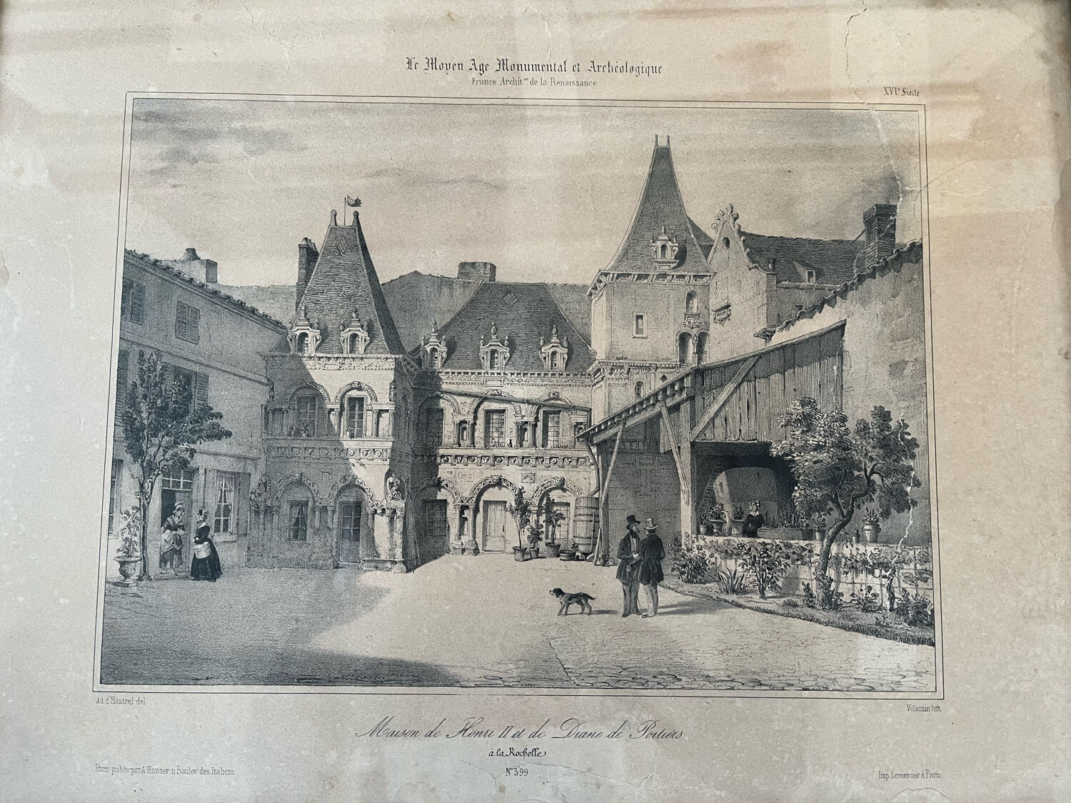 Old lithograph engraving House of Henry II and Diana of Poitiers