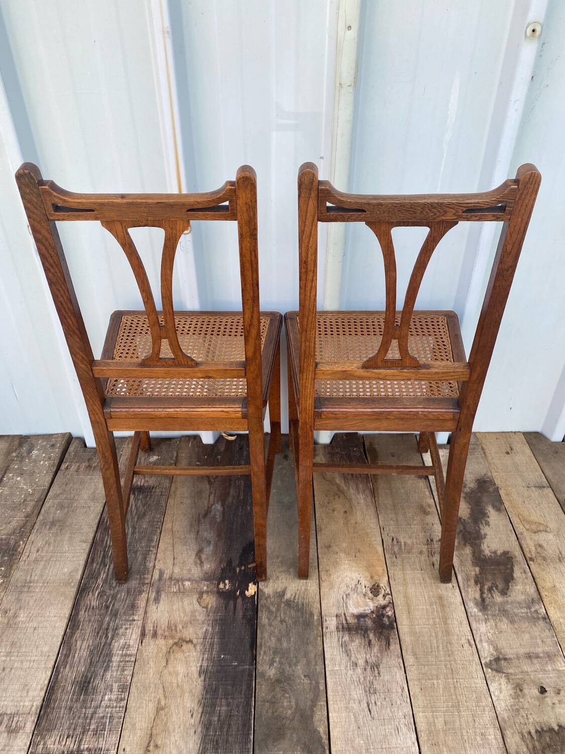 Paire de Chaise Ancienne Art Nouveau Bois Noyer + Assise Cannée Vintag