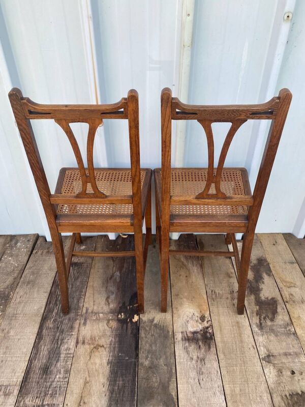Paire de Chaise Ancienne Art Nouveau Bois Noyer + Assise Cannée Vintag