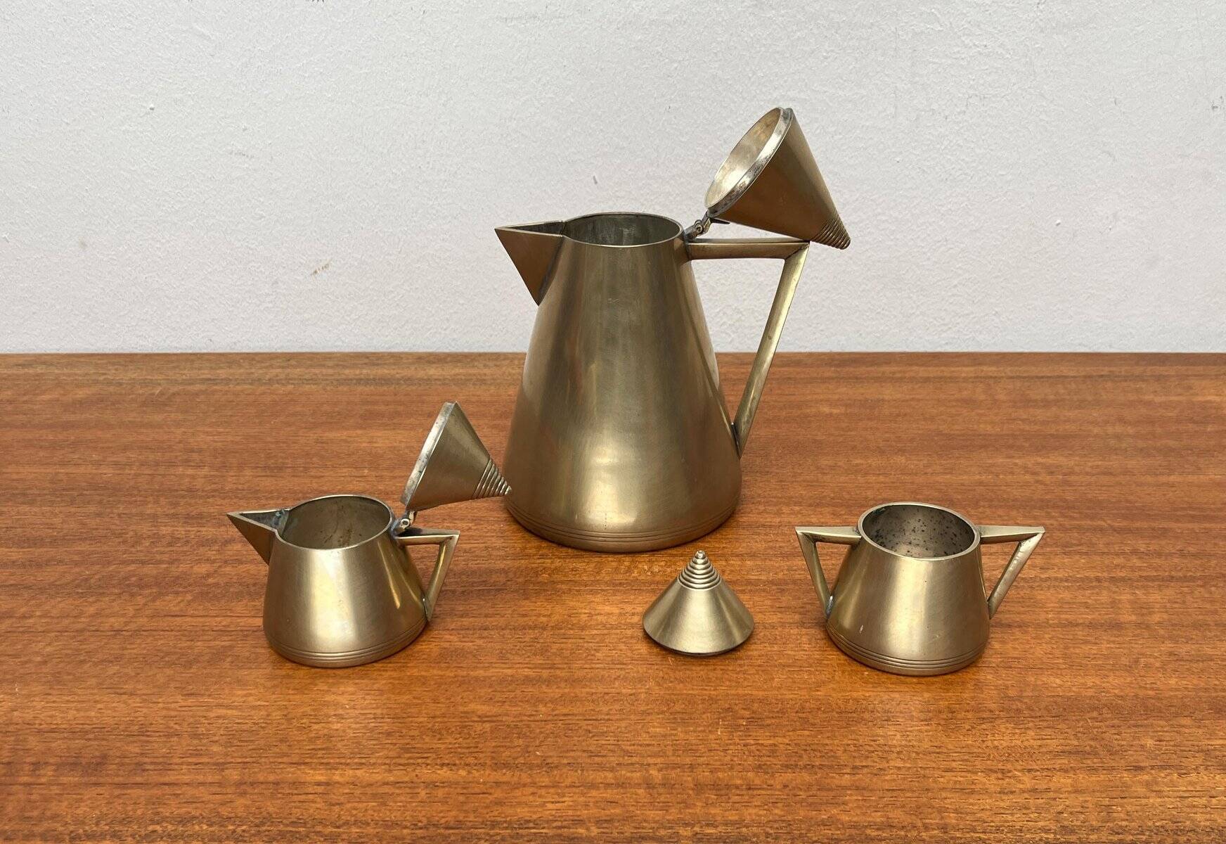 Metal Art Deco teapot, sugar bowl, milk jug, 1960s, set of 3