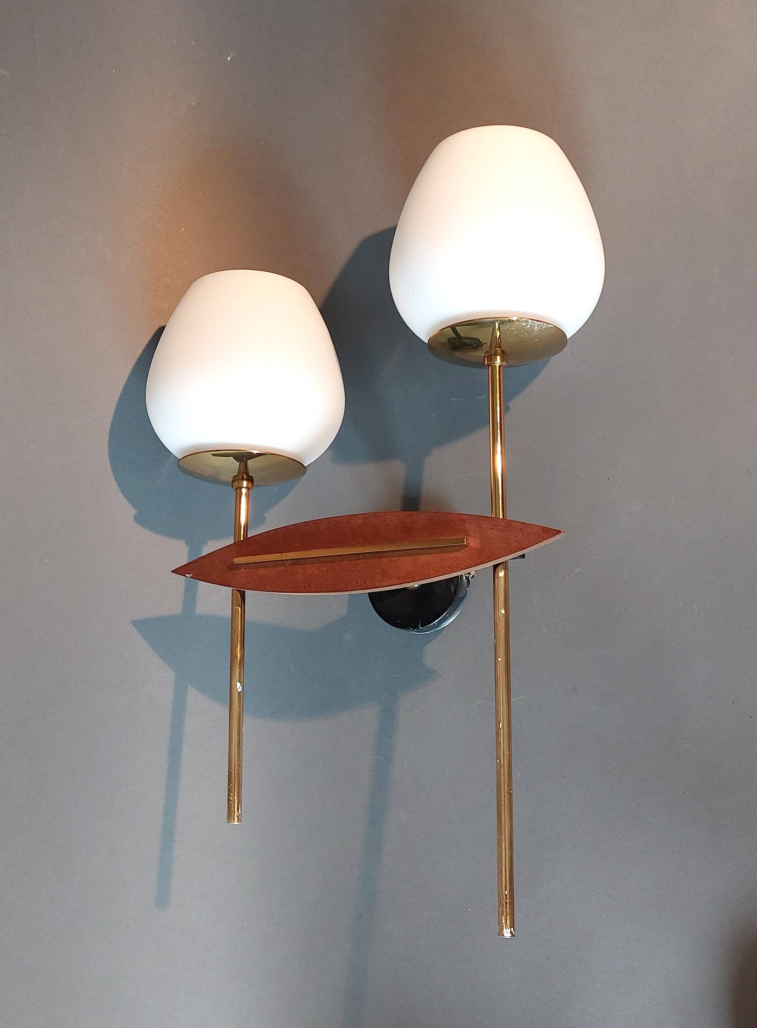 Two-light wall lamp in teak, gilded brass and white opaline Maison Lunel 1960.