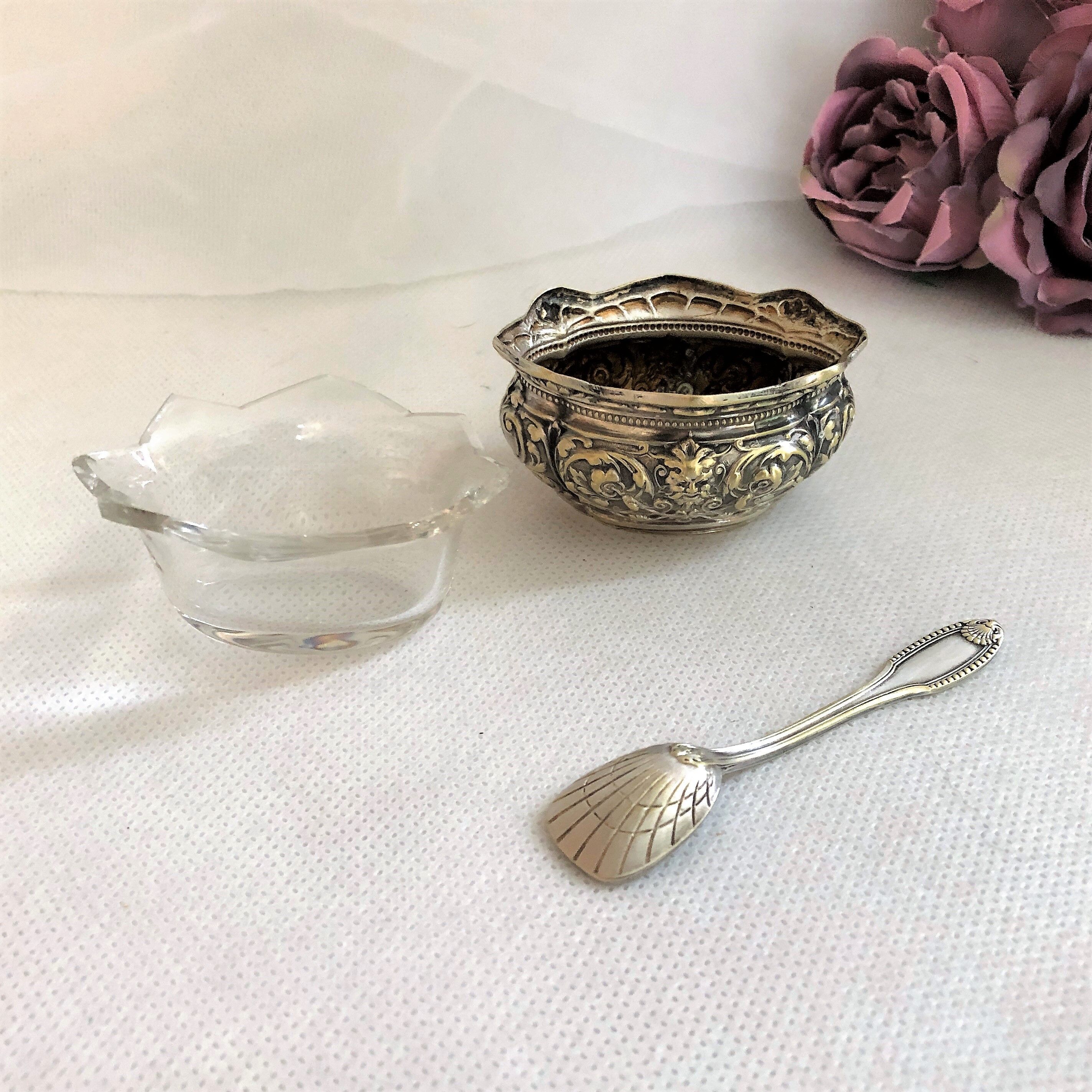 Silver metal salter and glass with salt shovel
