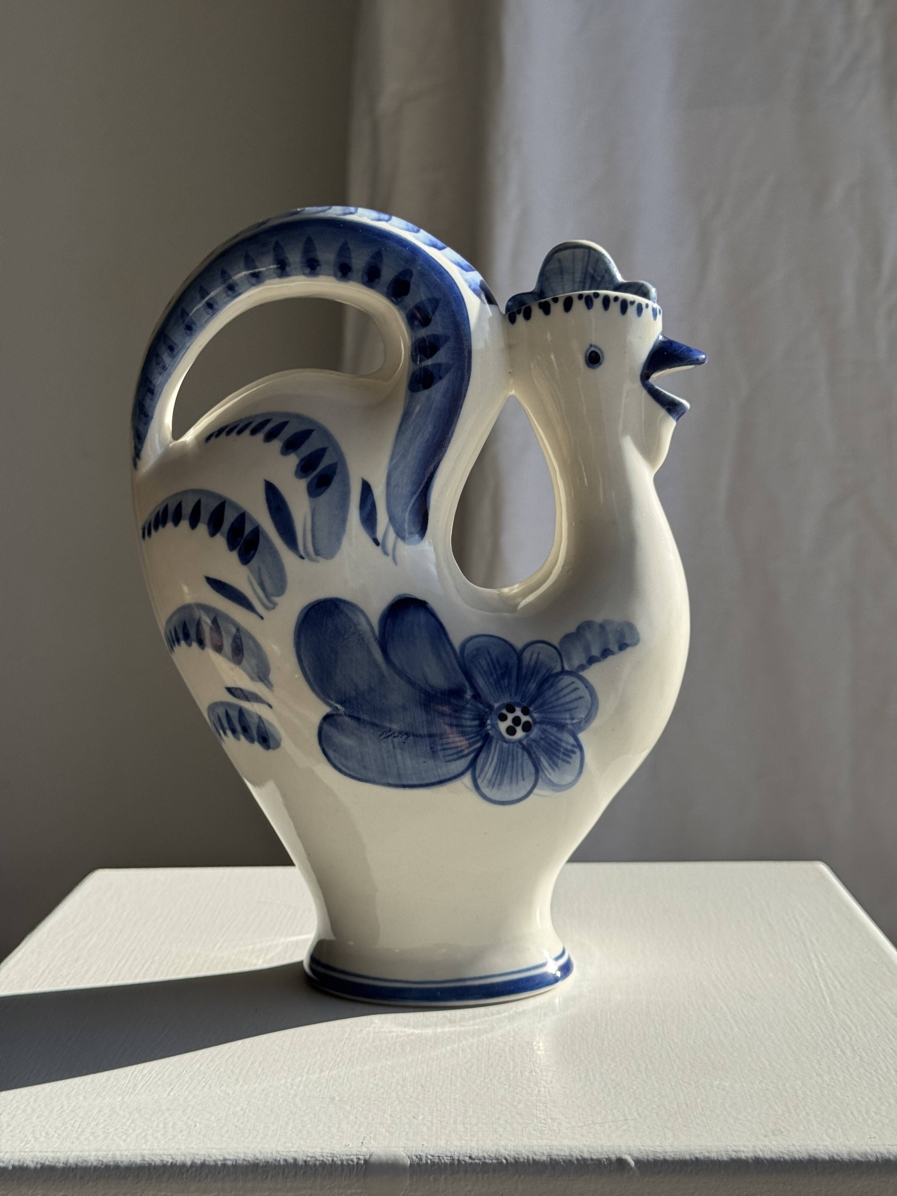 Vintage white ceramic carafe with blue Gjel-style decoration, USSR.