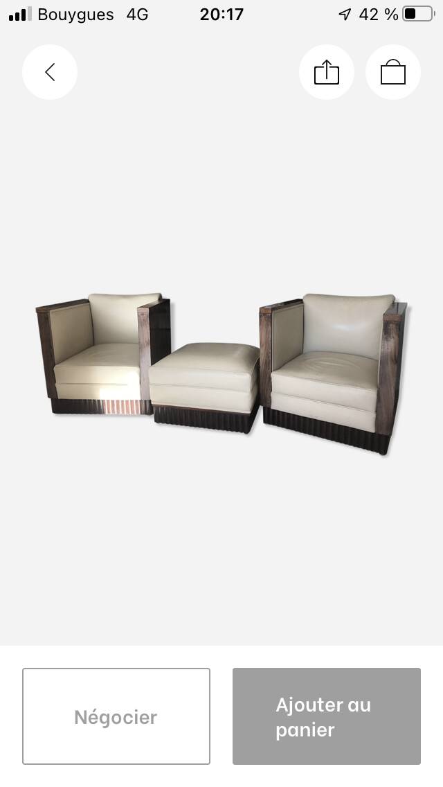 Two armchairs and an Art Deco style pouf