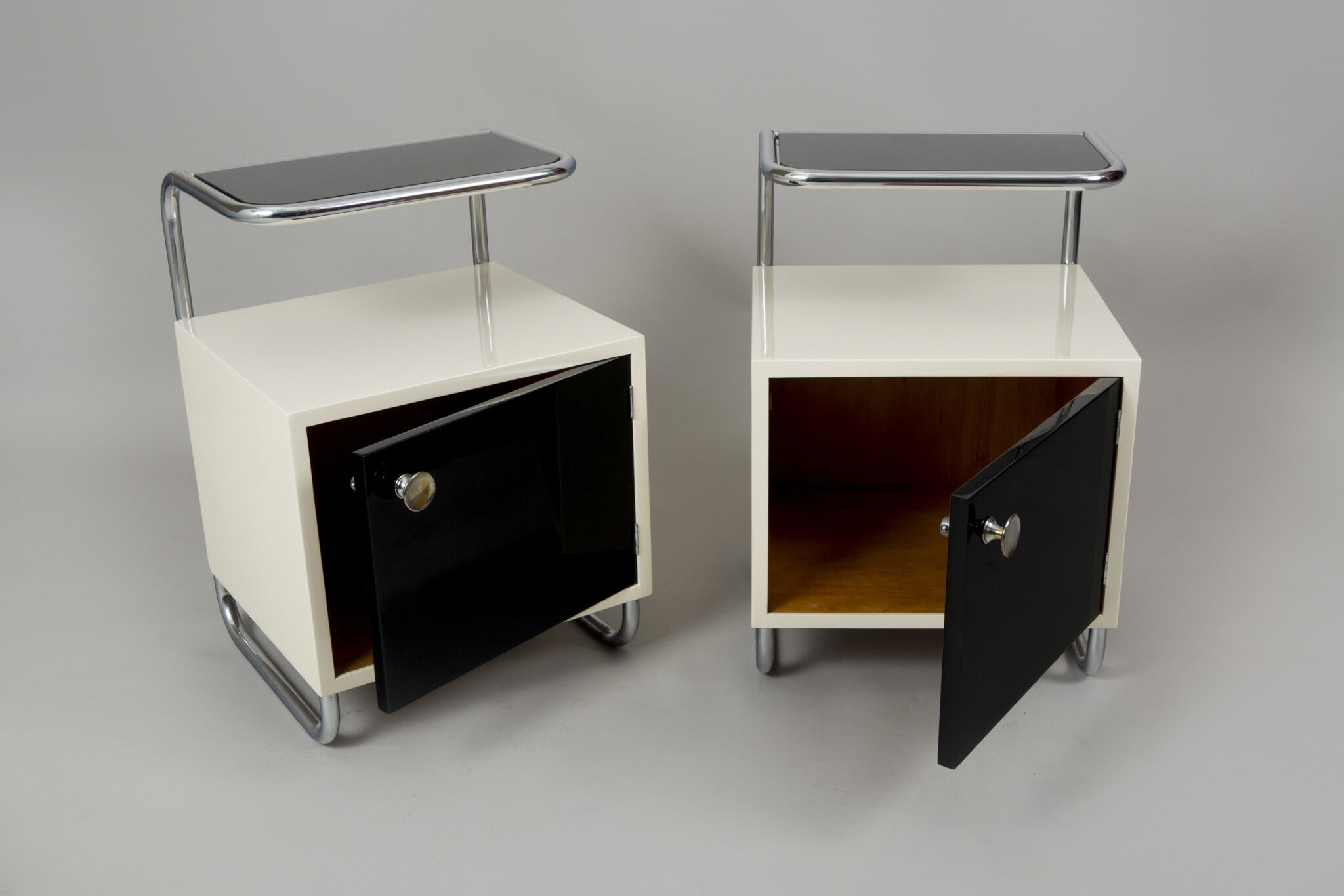 Pair of Black and white bed side tables made in 1940s Czechia