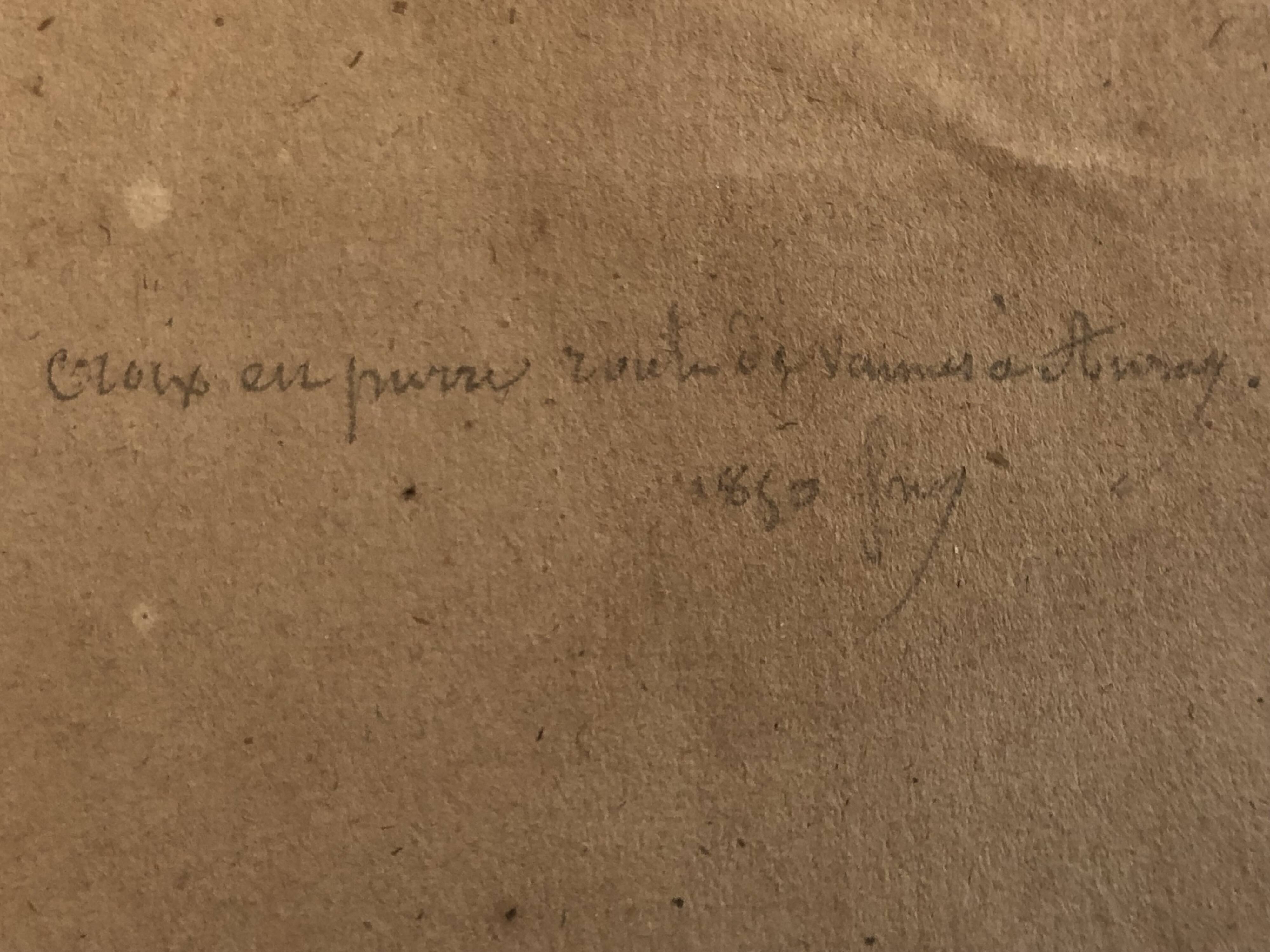 Drawing 1850 pencil croix de st fiacre in auray morbihan brittany 56, signed fm ferdinand moutier