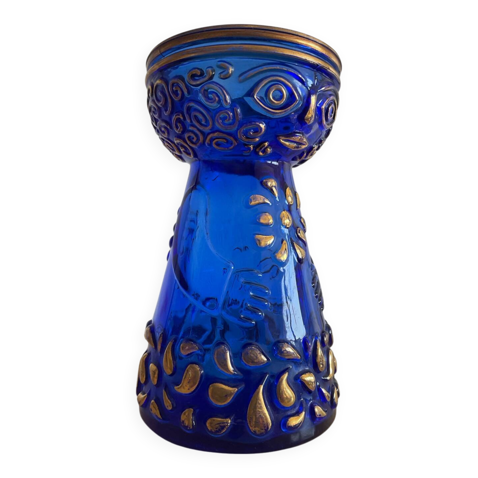 Anthropomorphic Hyacinth vase in cobalt blue and gold glass