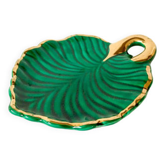 vide-poche en céramique modèle feuille vert et doré Lunéville années 60