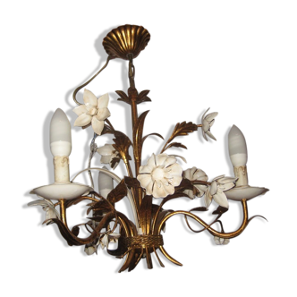 Lustre vintage métal peint dorure  fer fleurs