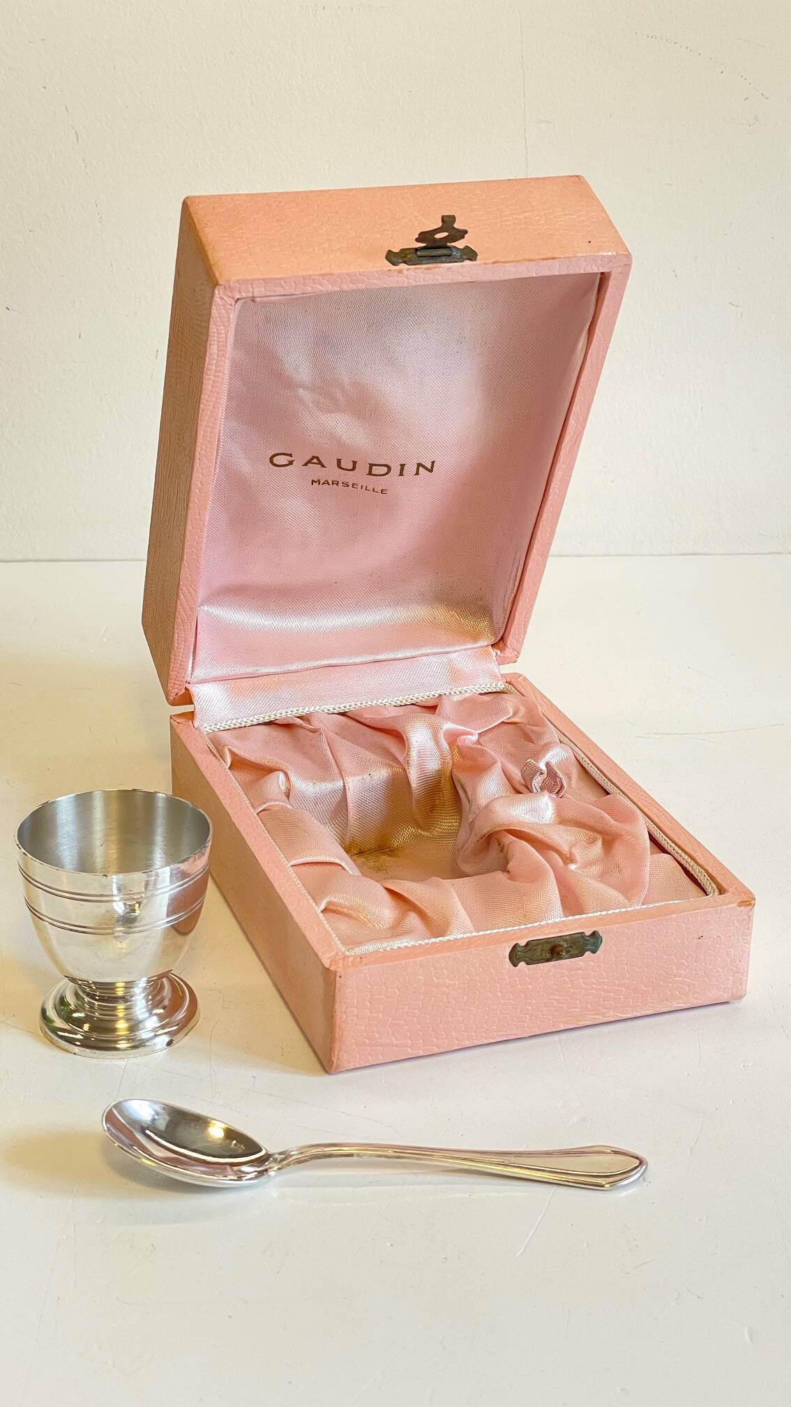 Vintage Silver-Plated Metal Egg Cup and Spoon for Birth