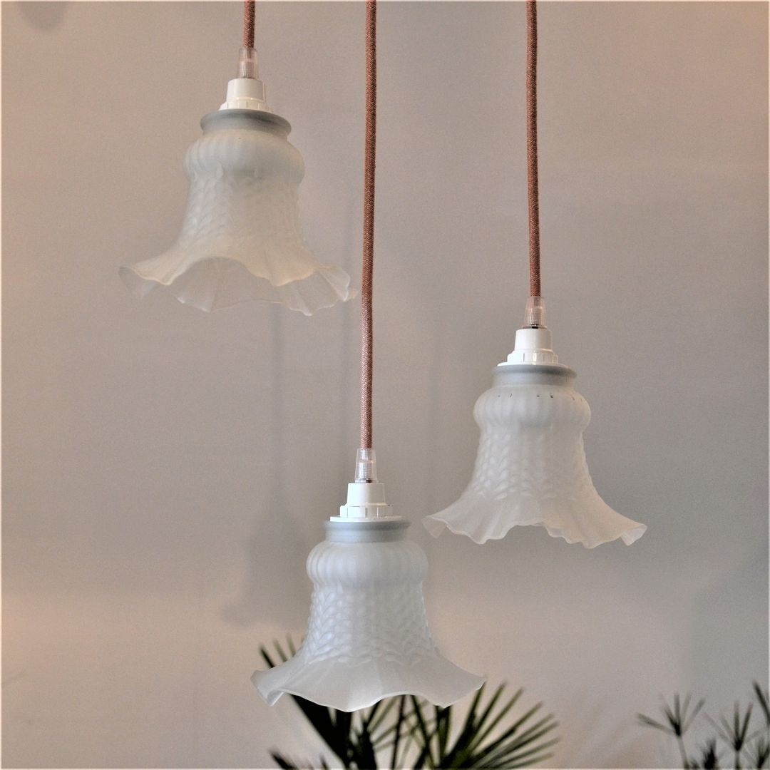 Vintage chandelier 3 pendants with glass tulip lampshades and pink cord