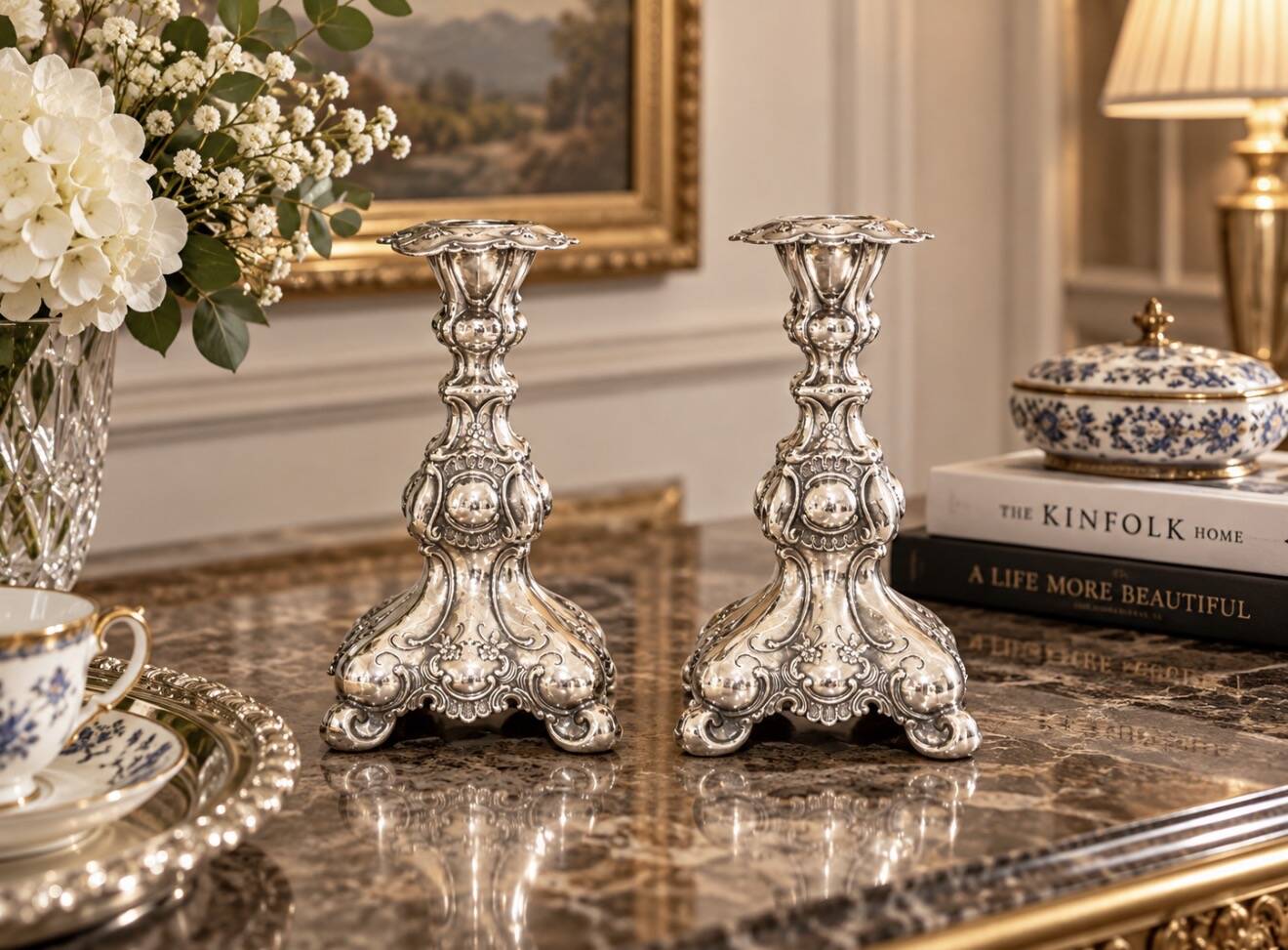 Antique Pair of Candle Holder Silver Rococo Style Candlesticks, 1900s Home Decor