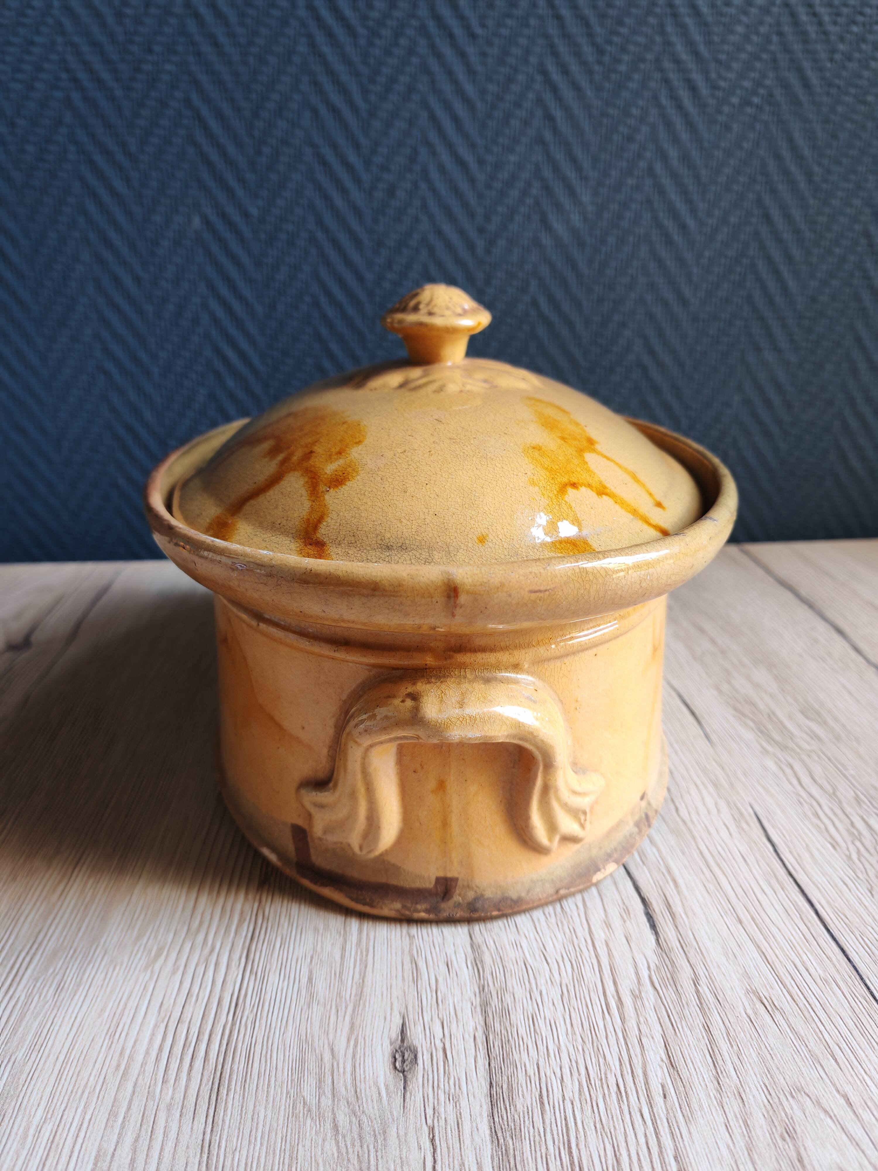 Old yellow ochre glazed terracotta terrine | Rustic pottery