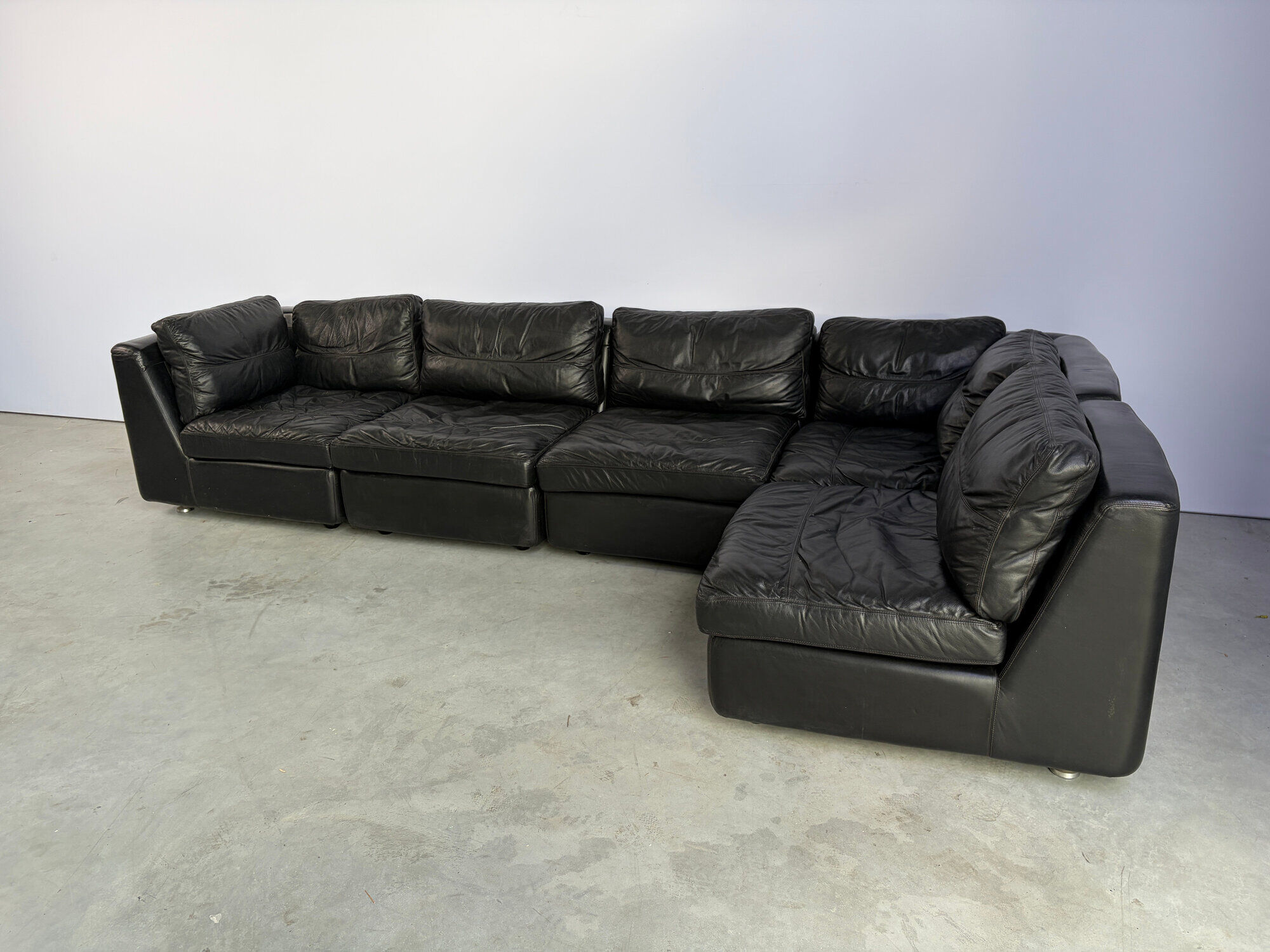 Vintage black leather modular sofa, 1970s