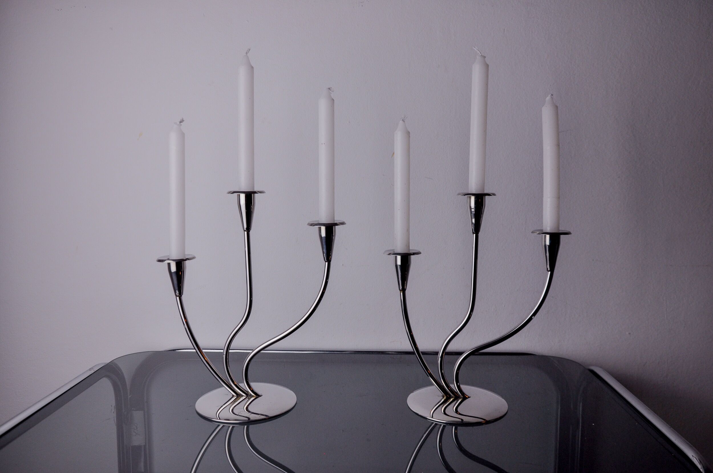 Pair of art deco candlesticks in stainless steel 3 flames, Spain, 1970