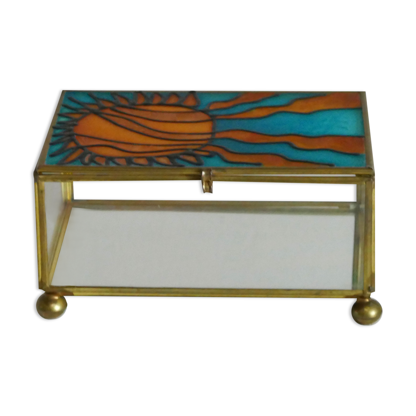 Blue and orange vintage jewellery box in 70s bohemian chic stained glass