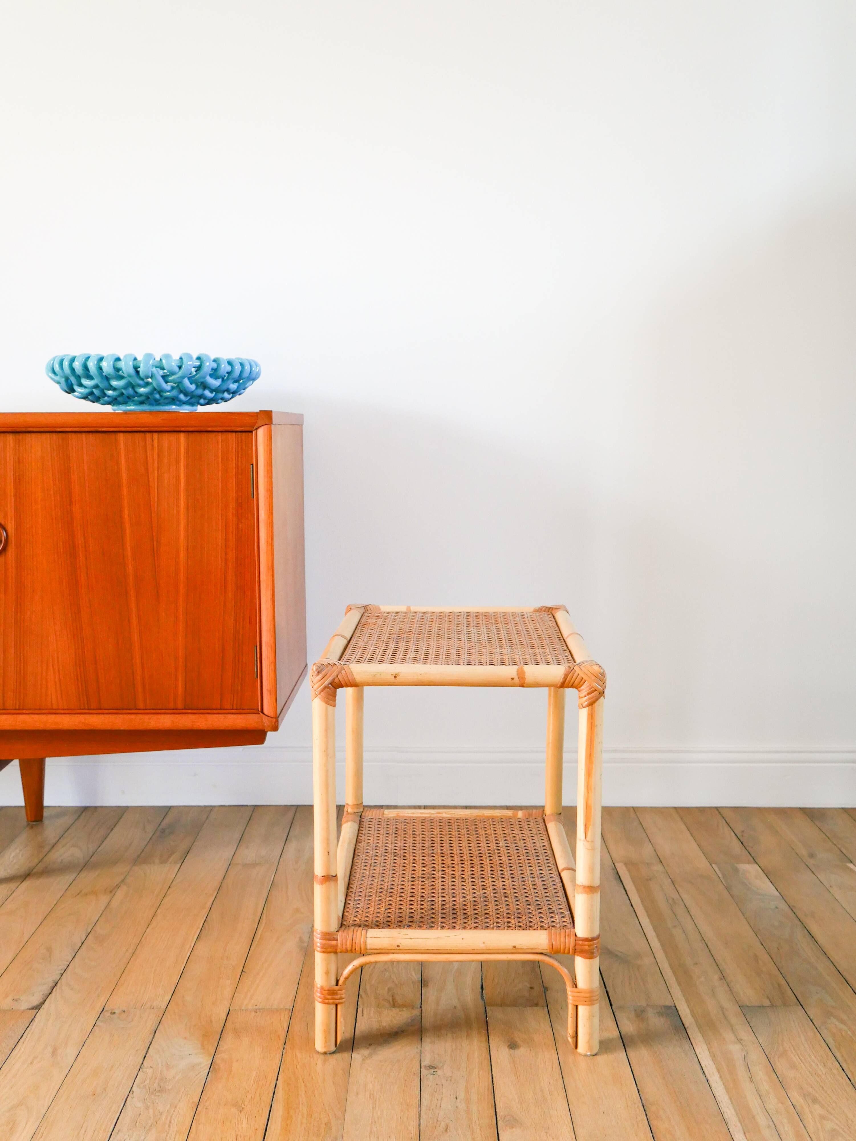 Rattan and cane bedside table, 1960