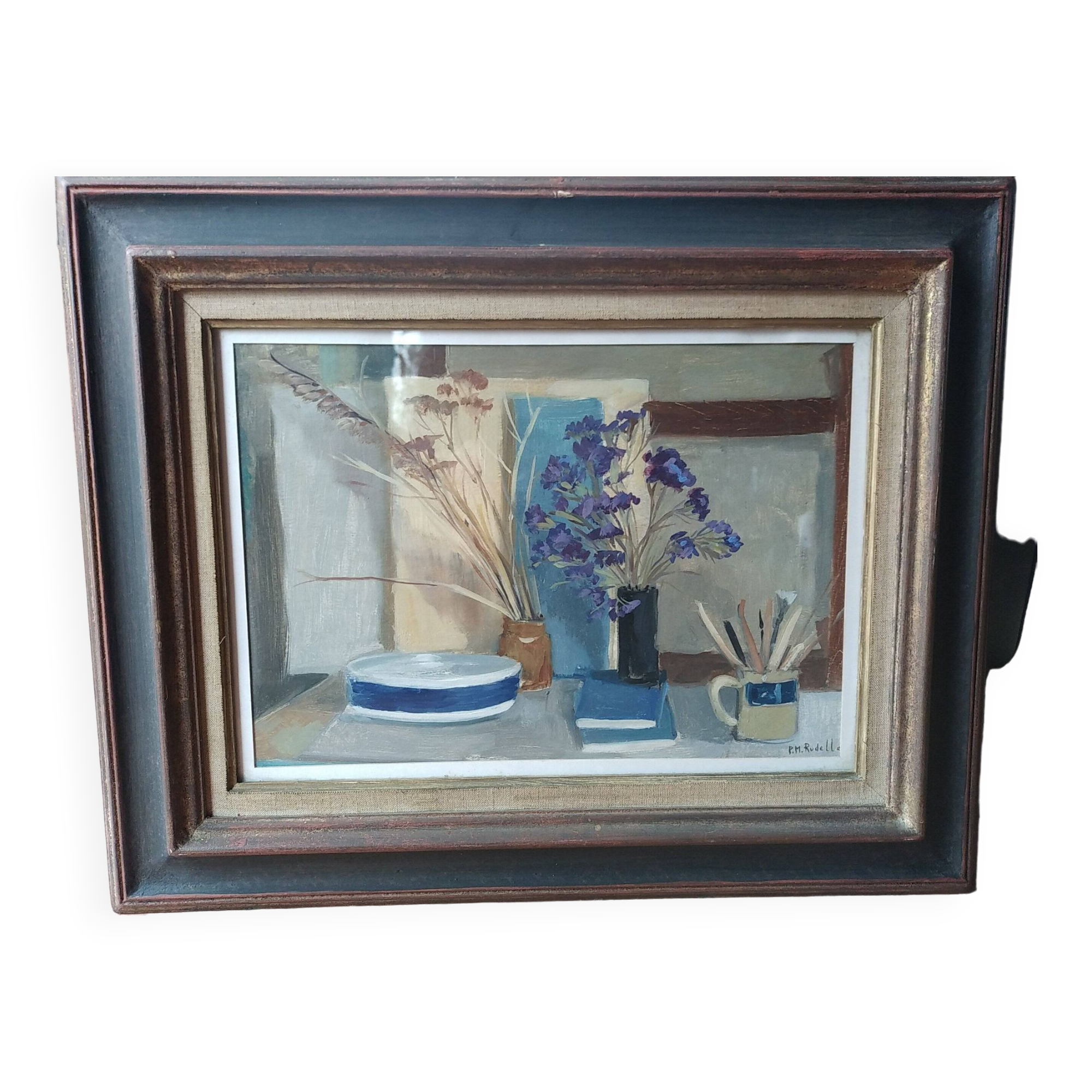 Pierre Marie Rudelle. Blue still life. Oil on cardboard.