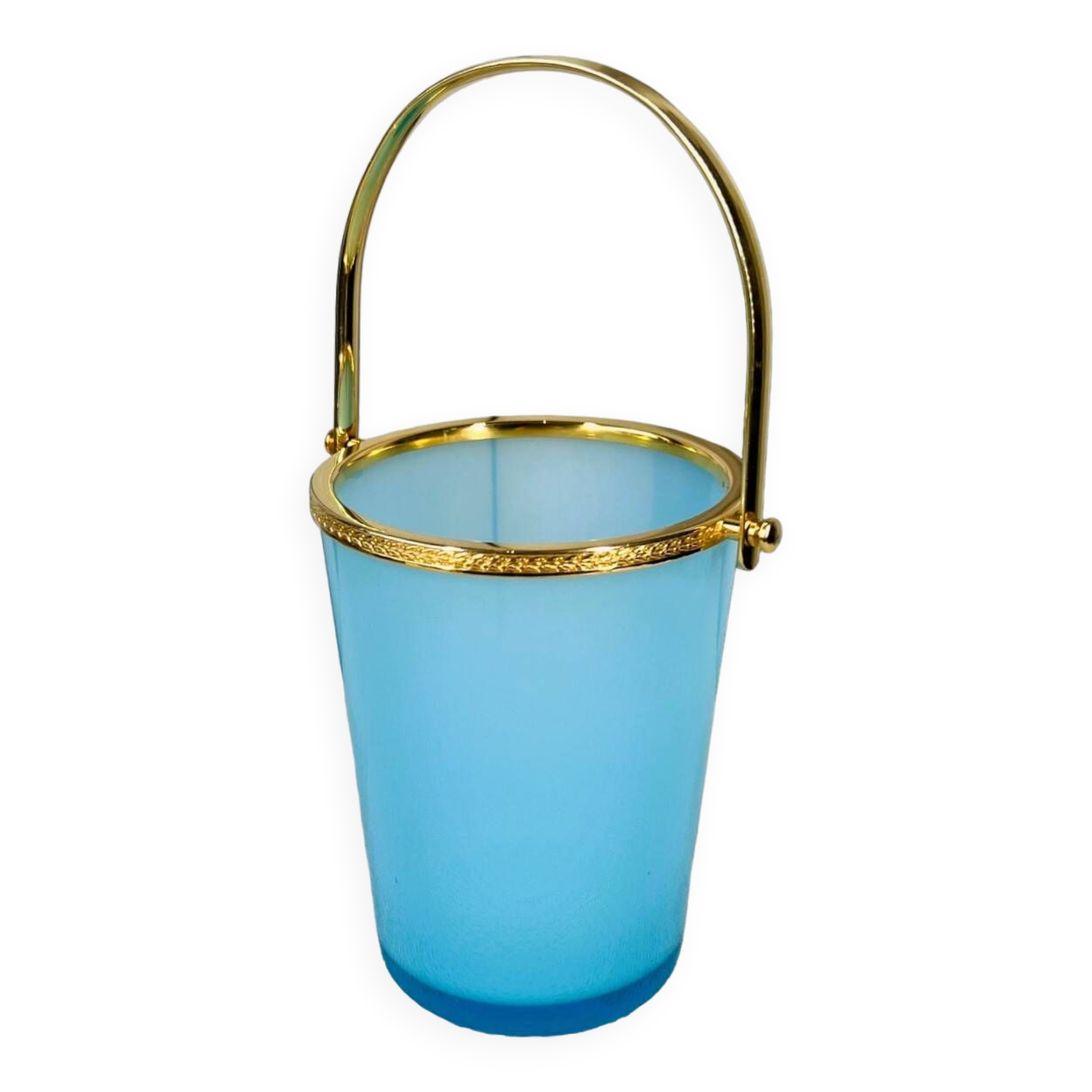 Vintage ice bucket in blue opaline and gold metal