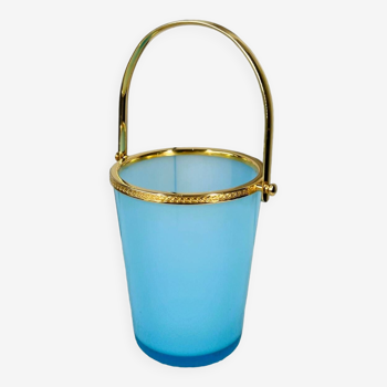 Vintage ice bucket in blue opaline and gold metal