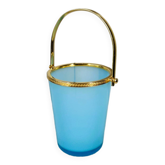 Vintage ice bucket in blue opaline and gold metal